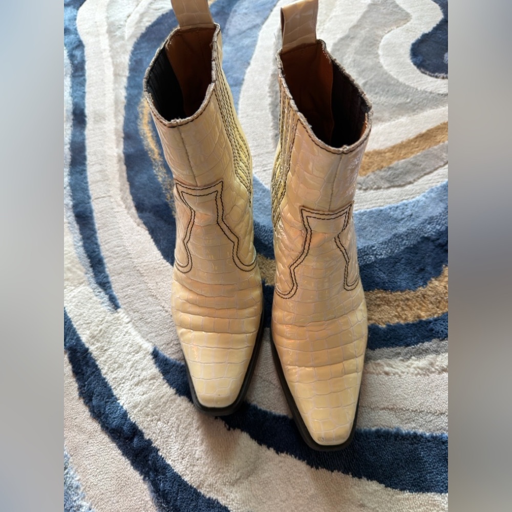 Ganni Beige Croc-Embossed Ankle Boots